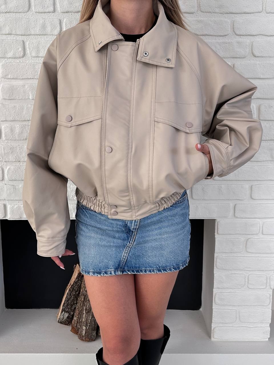 Crop Deri Bomber Ceket Krem