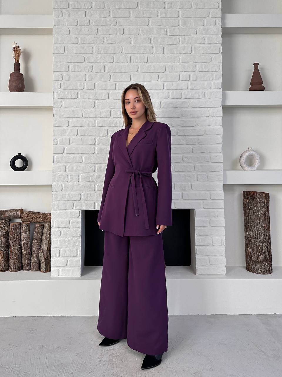 Kemerli Blazer Palazzo Takım Eflatun