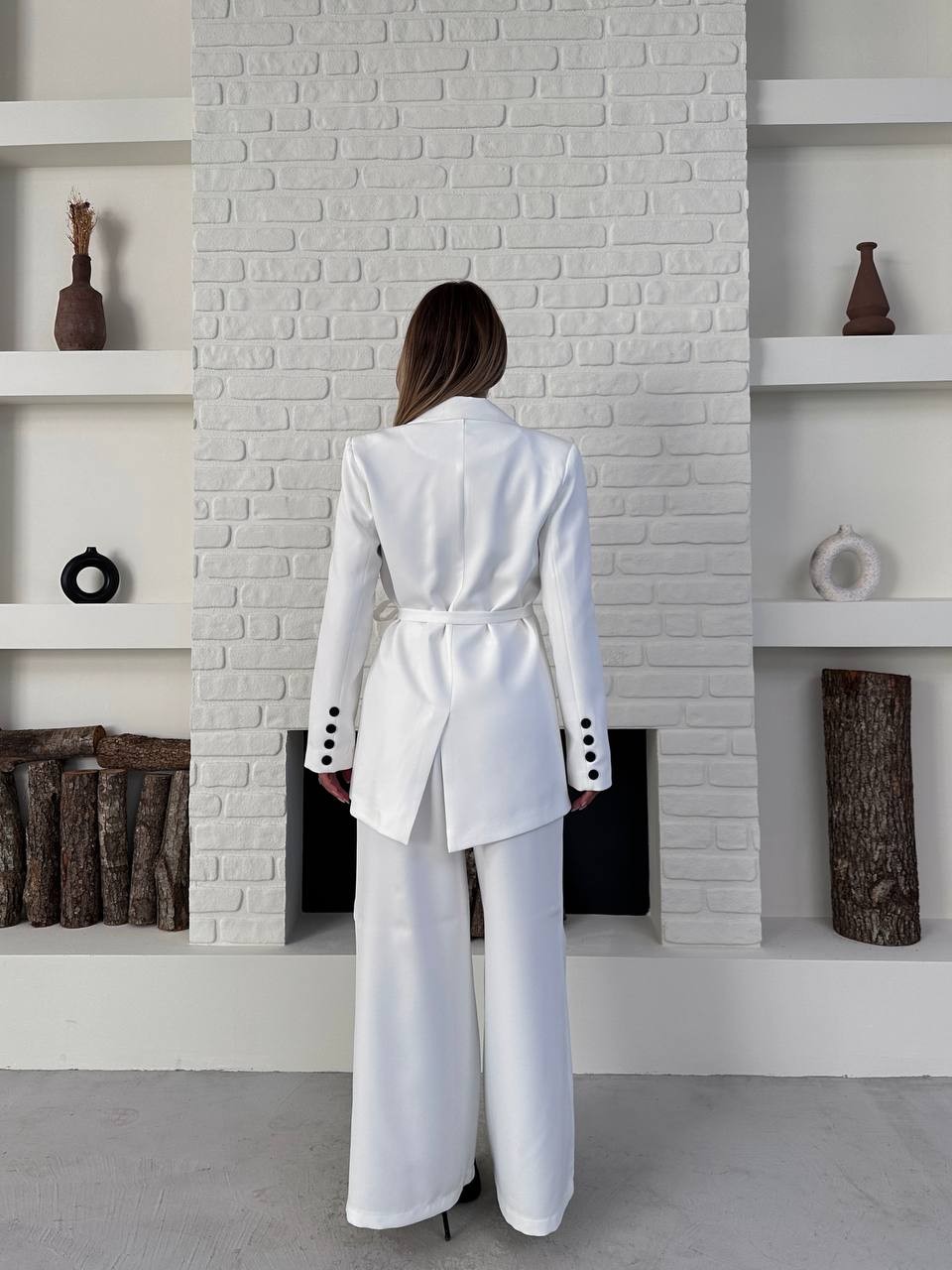 Kemerli Blazer Palazzo Takım Beyaz