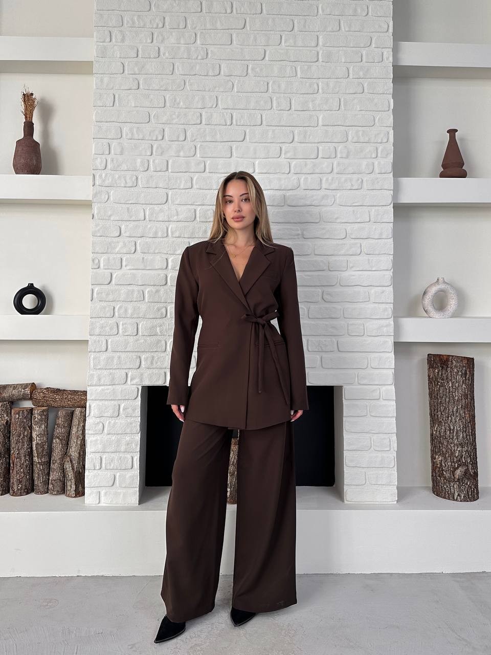 Kemerli Blazer Palazzo Takım Kahverengi