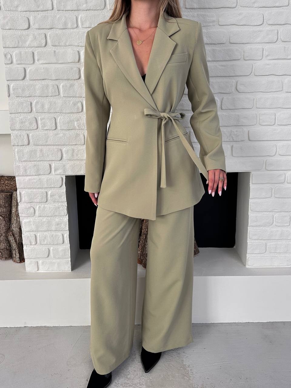 Kemerli Blazer Palazzo Takım Açık Yeşil