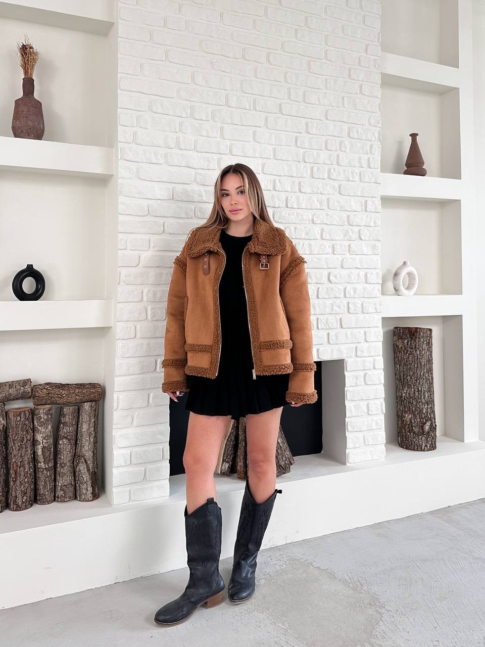 Peluş Detaylı Biker Mont Kahverengi