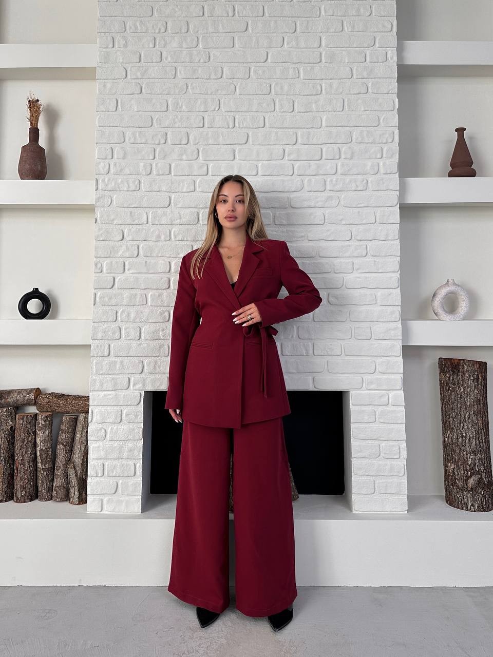 Kemerli Blazer Palazzo Takım Bordo