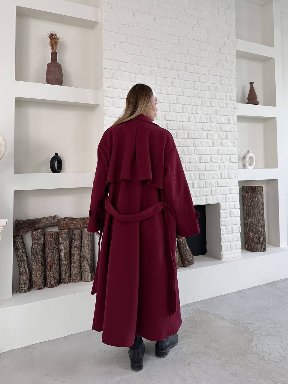 Çift Düğmeli Kuşaklı Uzun Kaban Bordo