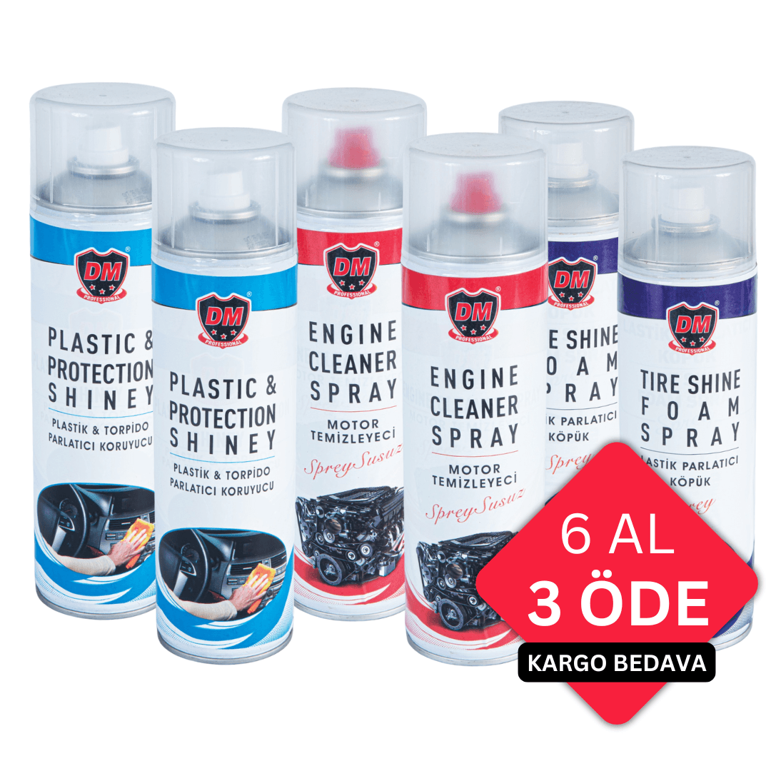 2x Susuz Motor Temizleme Spreyi 500 ml + 2x Plastik Parlatıcı Sprey 500 ml + 2x Lastik Parlatıcı Sprey 500 ml 🎁 6 Adet Al, 3 Öde!