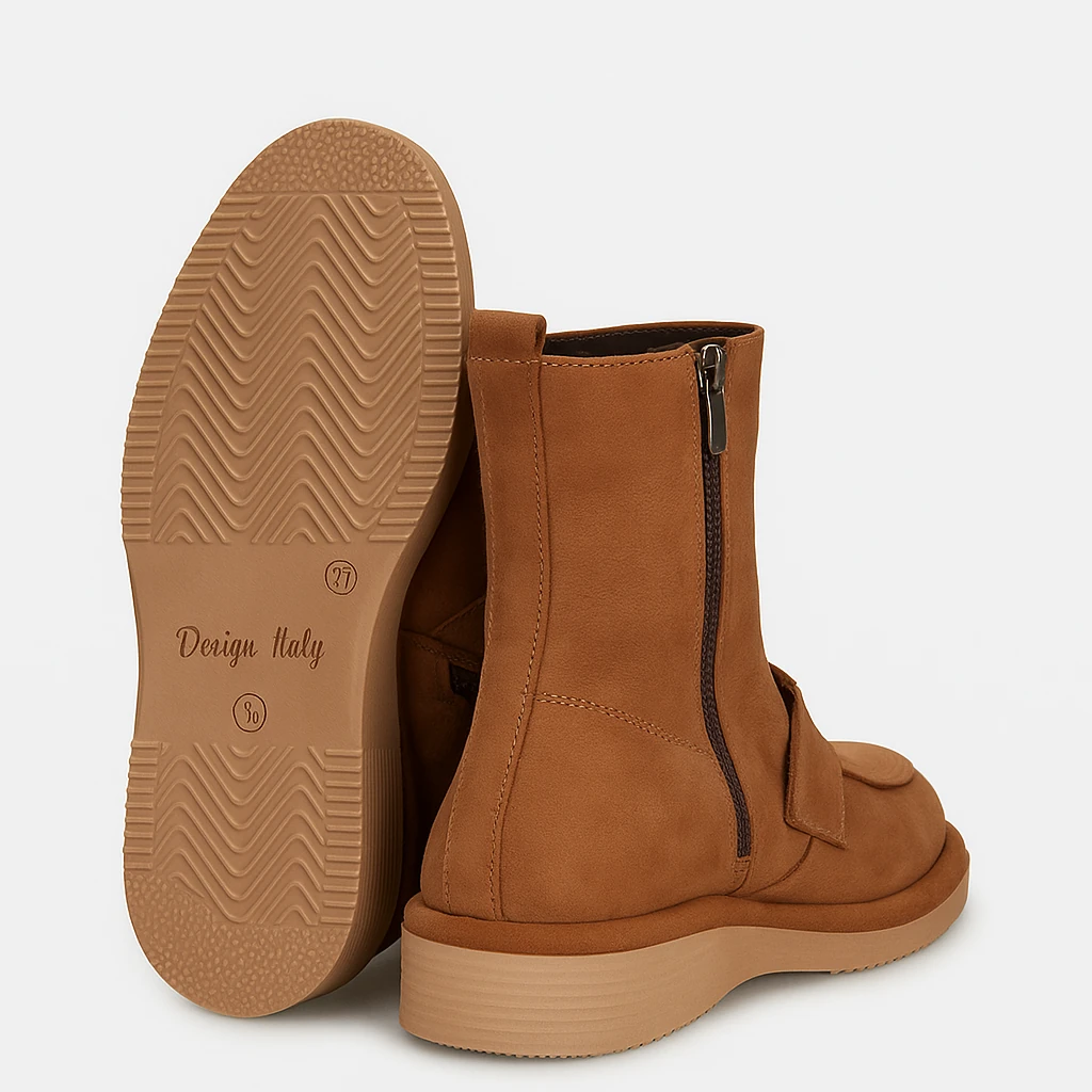 Kadın Camel Kısa Kalın Topuklu Süet Deri Bot