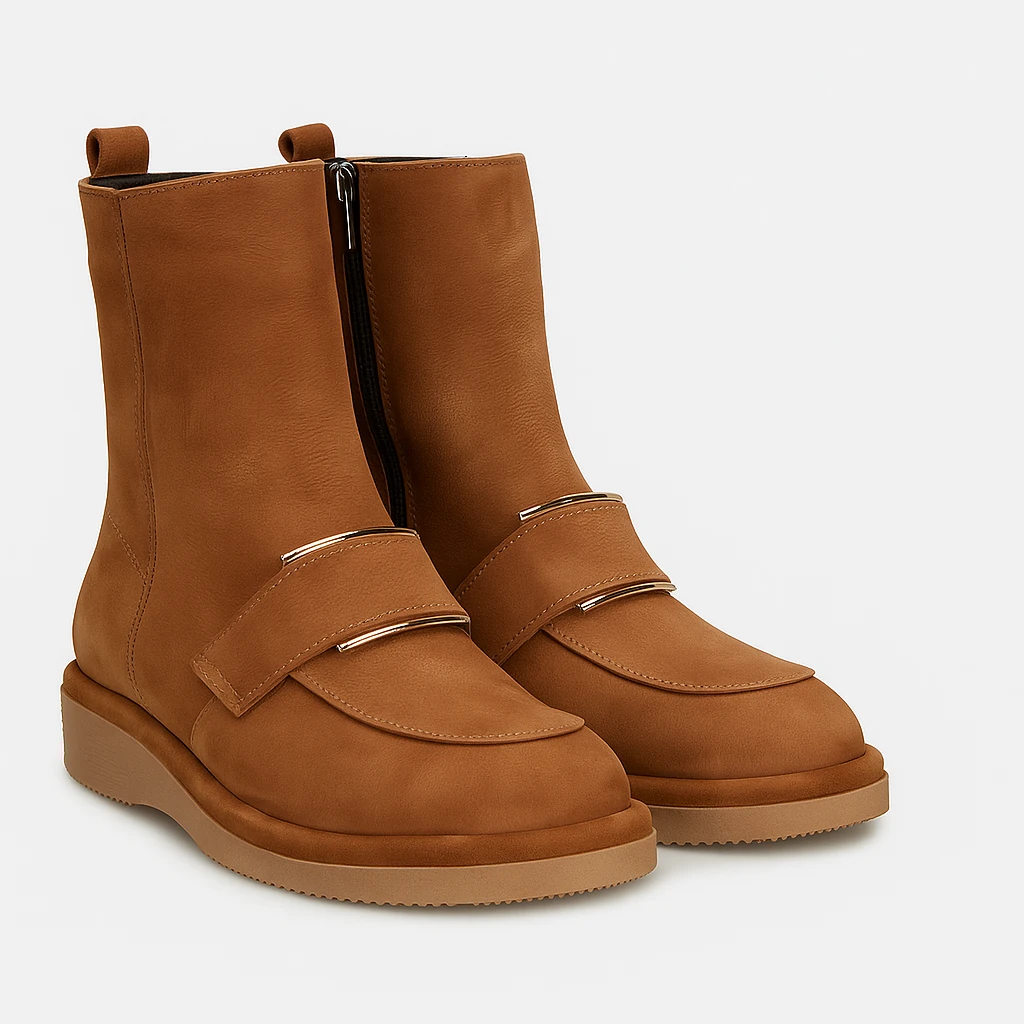 Kadın Camel Kısa Kalın Topuklu Süet Deri Bot