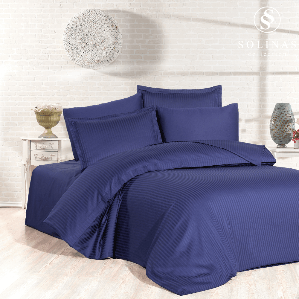 Solinas Collection Noctra Çizgili Lacivert %100 Pamuk Saten Çift Kişilik Nevresim Takımı