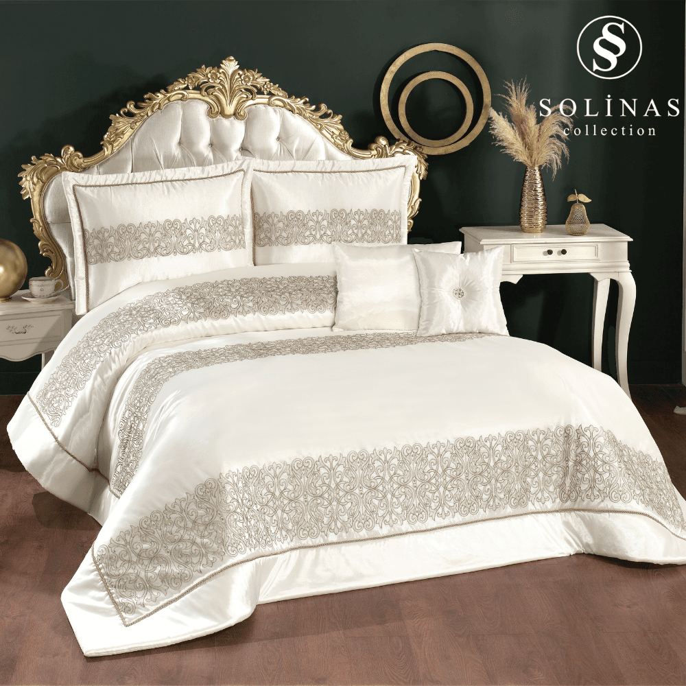 Solinas Collection Eleganza Saten Nakışlı Krem - Vizon Çift Kişilik Çeyizlik Yatak Örtüsü