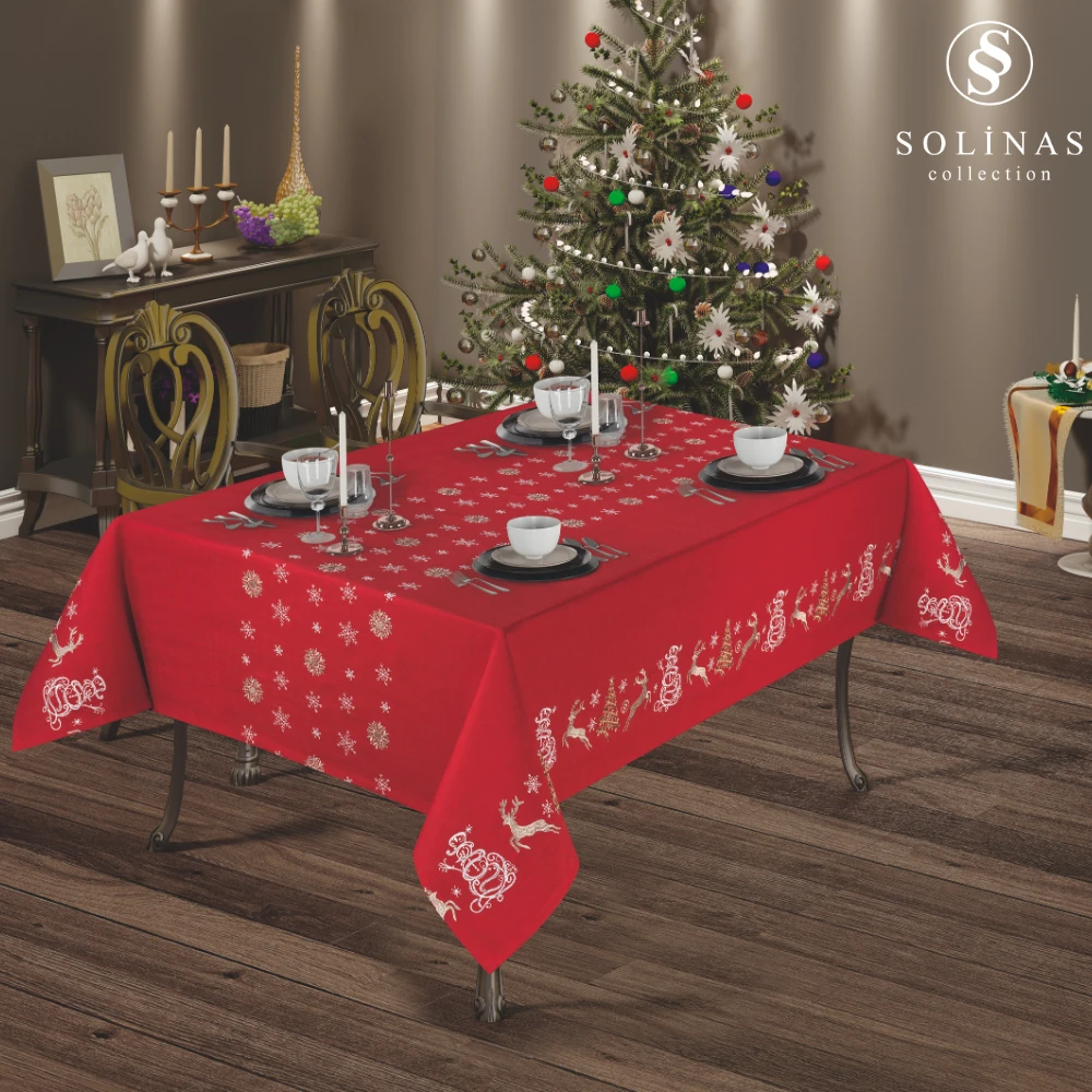 Solinas Collection Dolce Gardenya Nakışlı Yılbaşı Kırmızı Masa Örtüsü