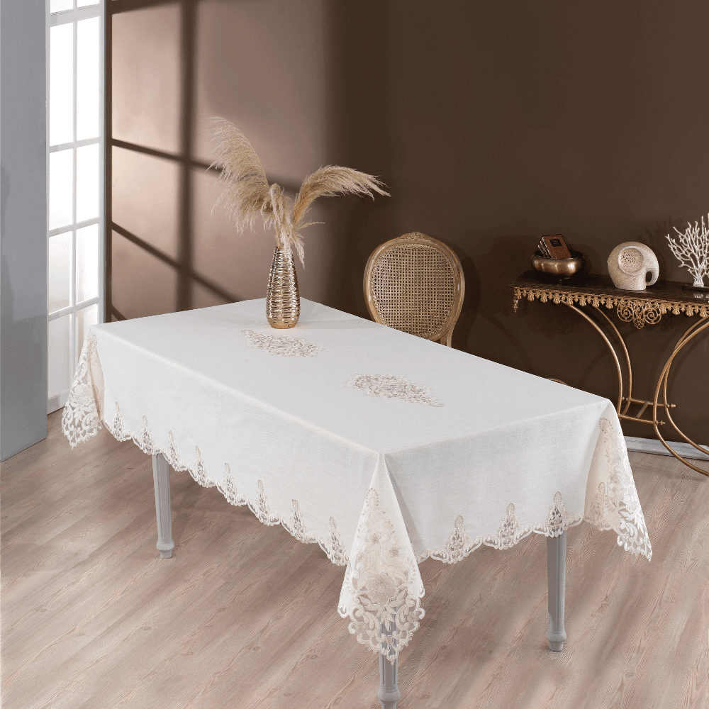 Solinas Collection Venora Linen Kumaş Krem – Taş Nakışlı Masa Örtüsü