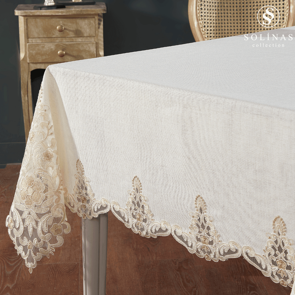 Solinas Collection Roma Krem Linen Kumaş Vizon Nakışlı Masa Örtüsü Ve Runner