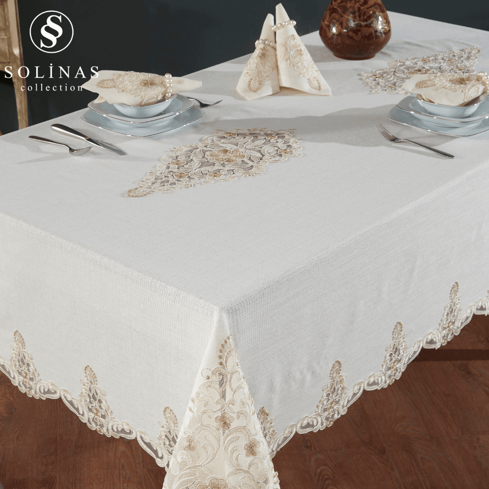 Solinas Collection Venora Krem Linen Kumaş Vizon Nakışlı 25 Parça Masa Örtüsü Seti