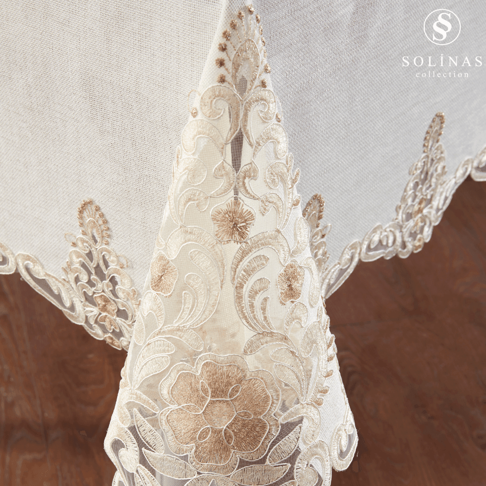 Solinas Collection Roma Krem Linen Kumaş Vizon Nakışlı Masa Örtüsü Ve Runner