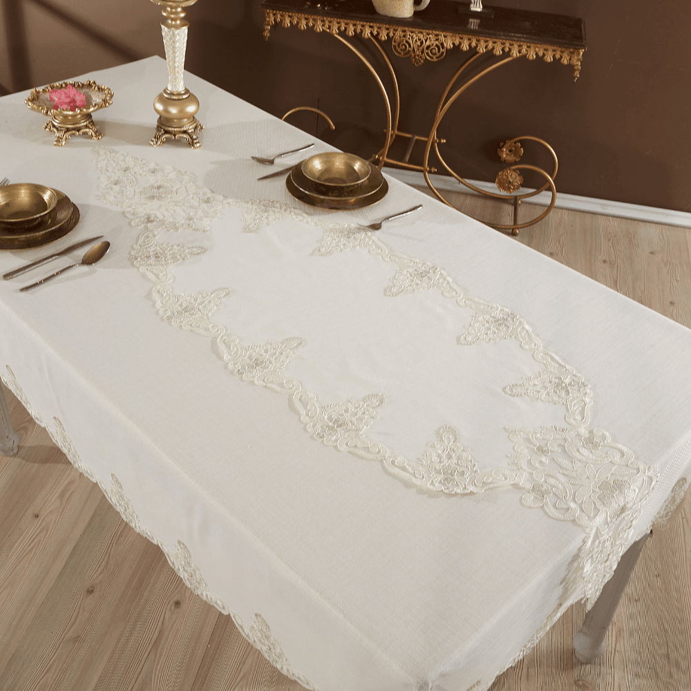 Solinas Collection Roma Linen Kumaş Krem – Taş Nakışlı Masa Örtüsü ve Runner