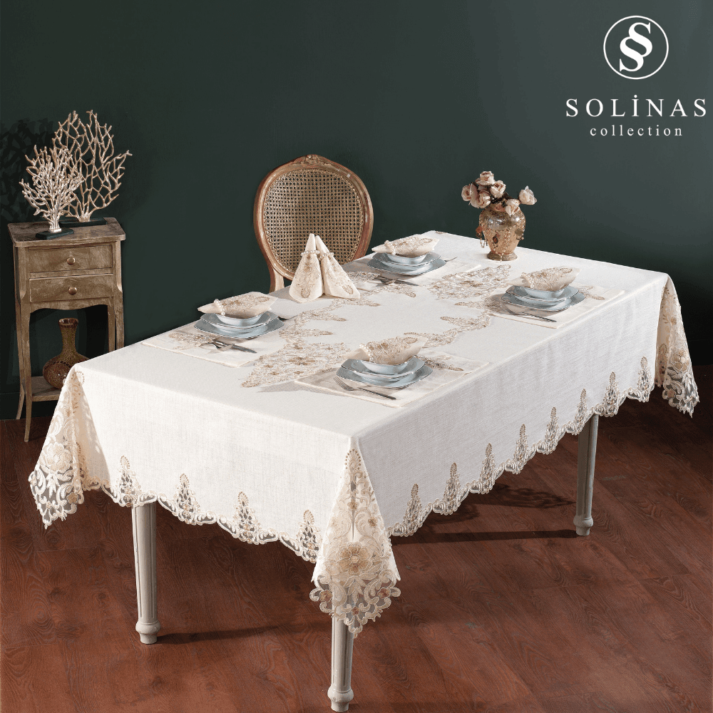 Solinas Collection Roma Krem Linen Kumaş Vizon Nakışlı 38 Parça Masa Örtüsü Seti