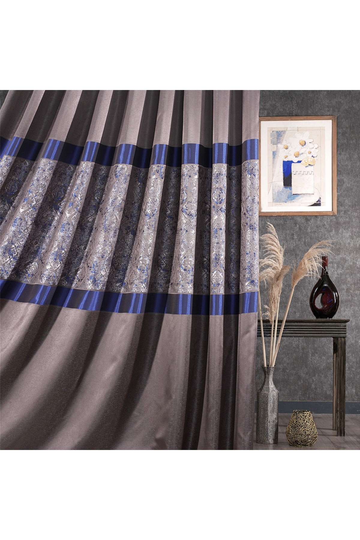 Gray - Navy Blue Panel 1x3 Closed Pleated Background Curtain