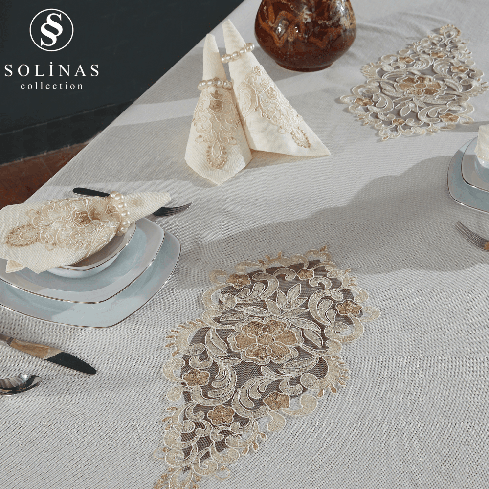 Solinas Collection Venora Krem Linen Kumaş Vizon Nakışlı 25 Parça Masa Örtüsü Seti