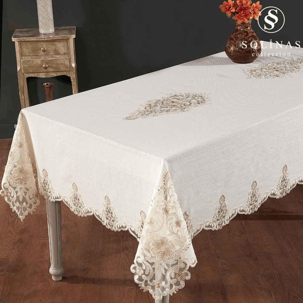 Solinas Collection Venora Krem Linen Kumaş Vizon Nakışlı Masa Örtüsü