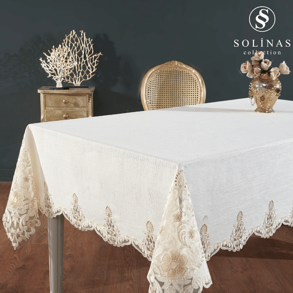 Solinas Collection Roma Krem Linen Kumaş Vizon Nakışlı Masa Örtüsü