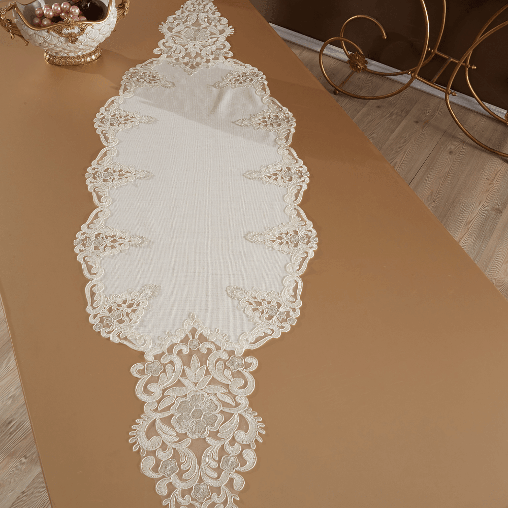 Solinas Collection Roma Linen Kumaş Krem – Taş Nakışlı Runner