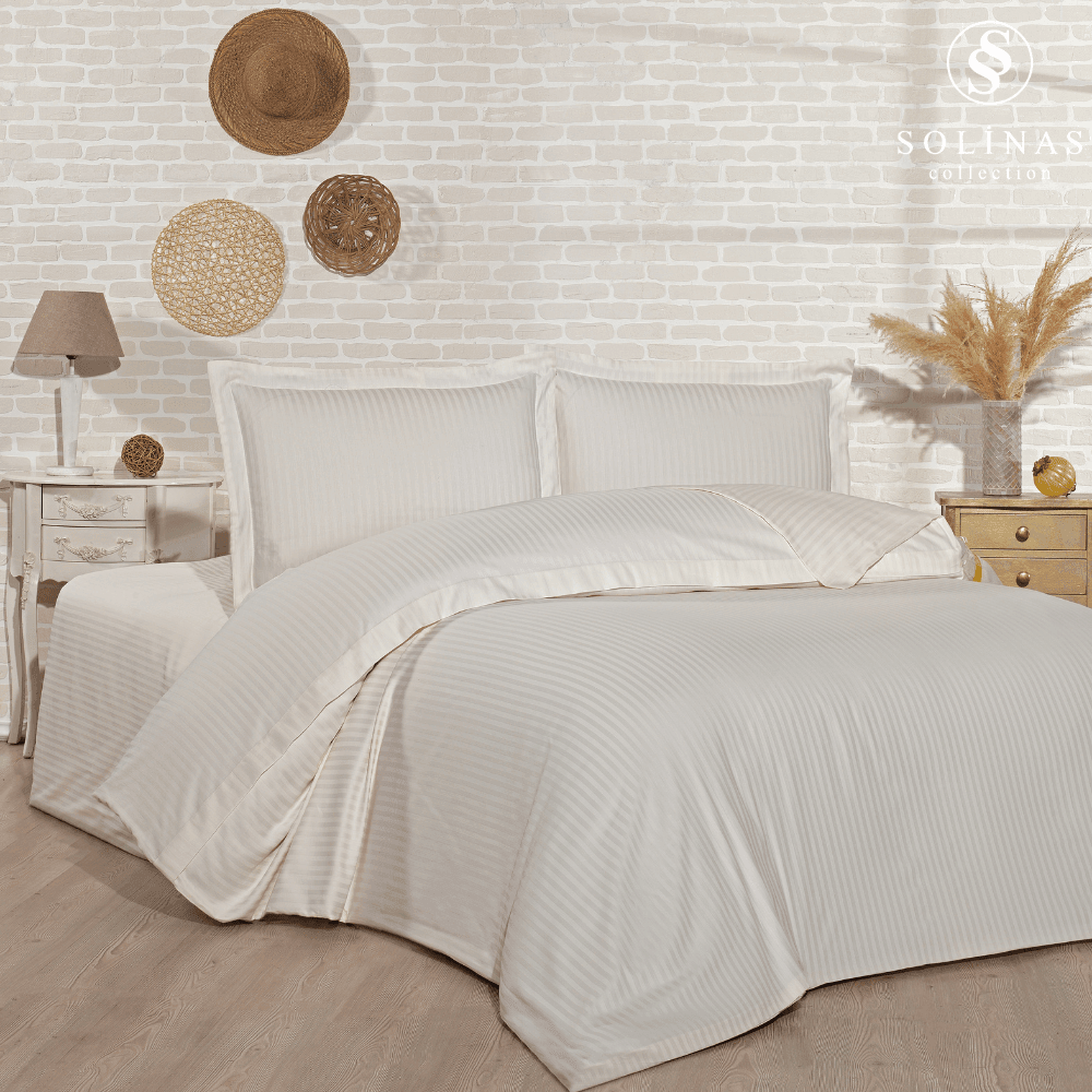 Solinas Collection Natura Çizgili Krem %100 Pamuk Saten Çift Kişilik Nevresim Takımı