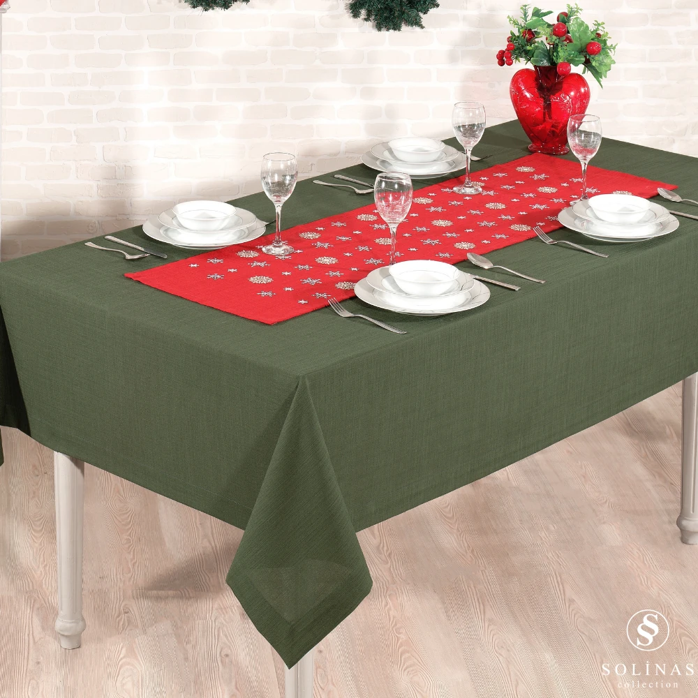 Solinas Collection Mila Gardenya Kumaş 2 Parça Yeşil Masa Örtüsü ve Nakışlı Runner