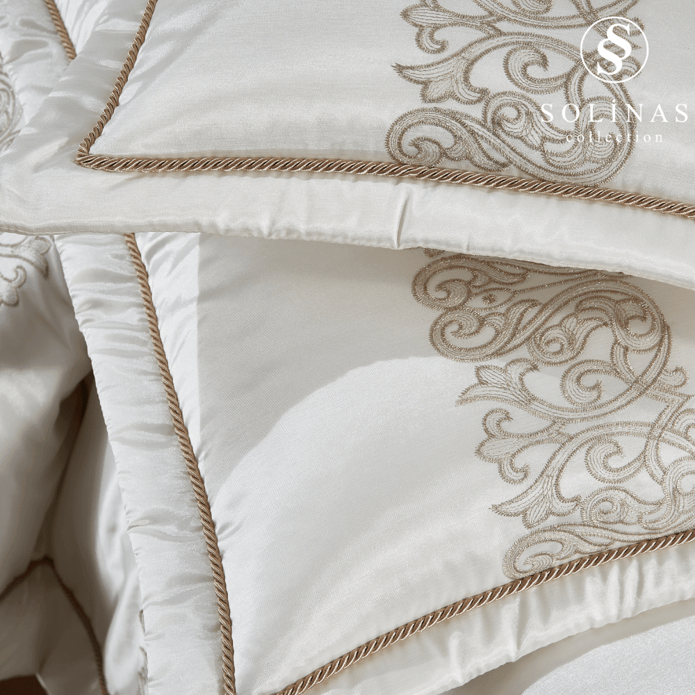 Solinas Collection Eleganza Saten Nakışlı Krem - Vizon Çift Kişilik Çeyizlik Yatak Örtüsü