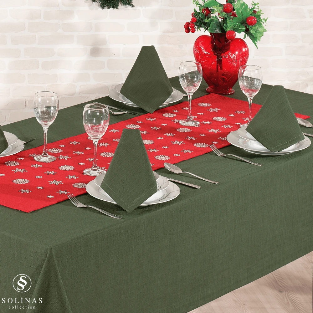 Solinas Collection Mila Gardenya Kumaş 14 Parça Yeşil Masa Örtüsü Nakışlı Runner ve Kırmızı Peçete