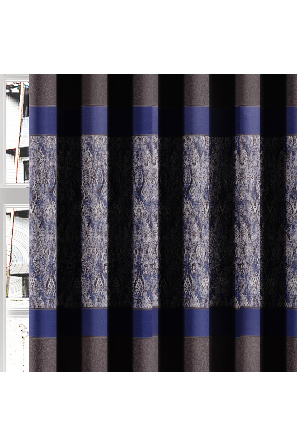Gray - Navy Blue Panel 1x3 Closed Pleated Background Curtain