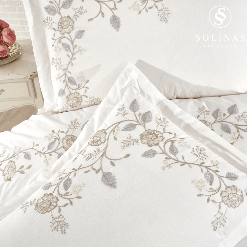 Solinas Collection Arya Krem Kumaş Vizon-Gri Nakışlı %100 Pamuk Çift Kişilik Nevresim Takımı