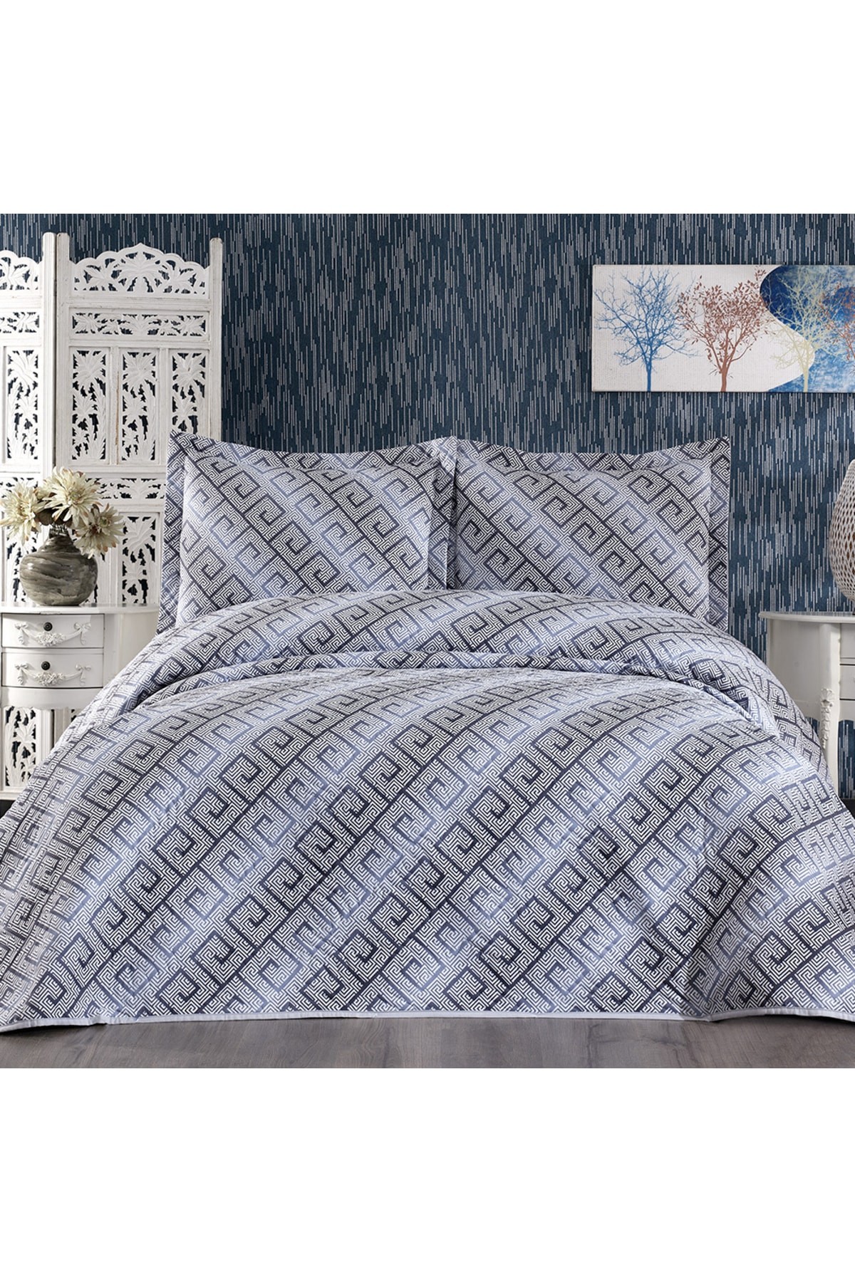 Roma Navy Blue - Gray Double Digital Printed Bedspread