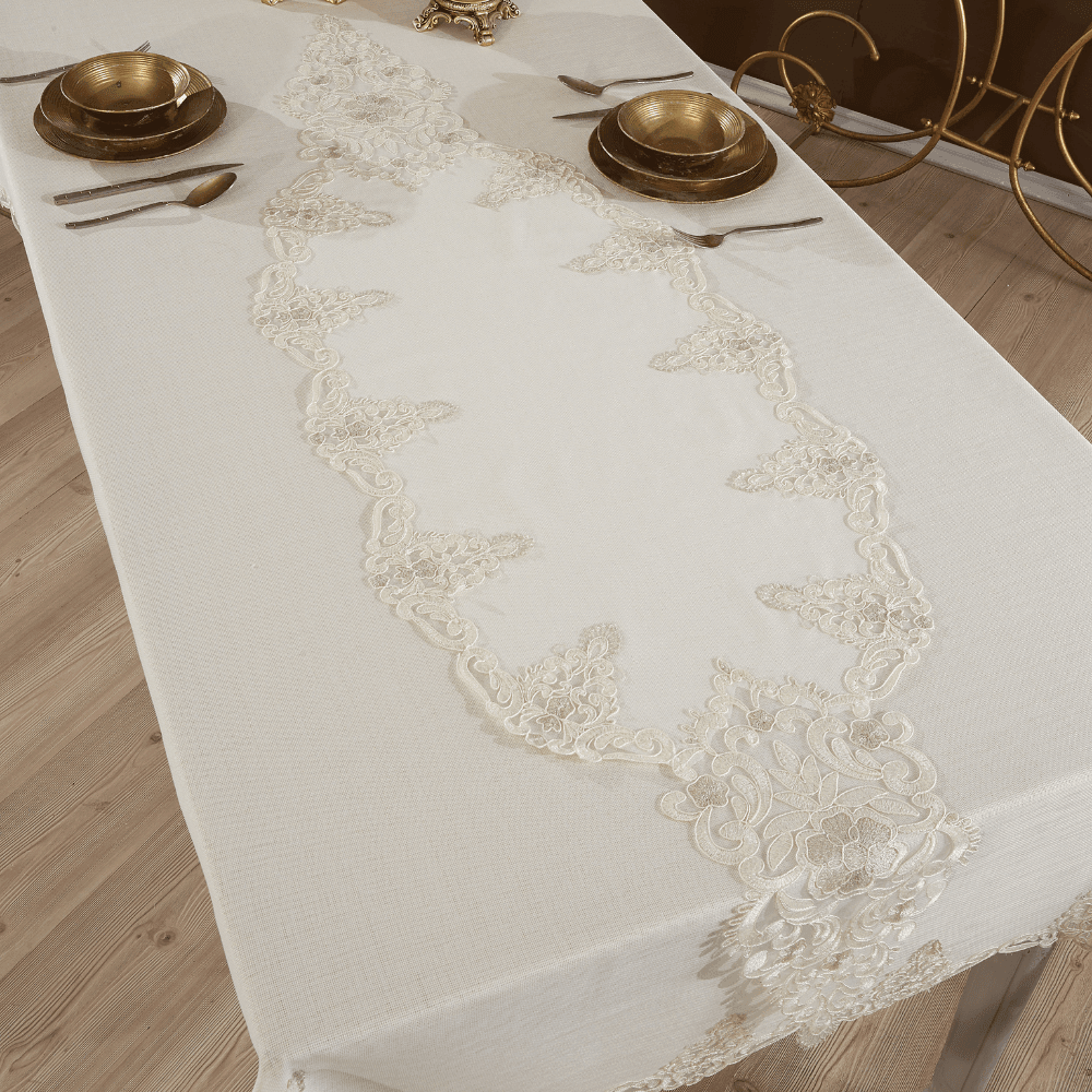 Solinas Collection Roma Linen Kumaş Krem – Taş Nakışlı Masa Örtüsü ve Runner