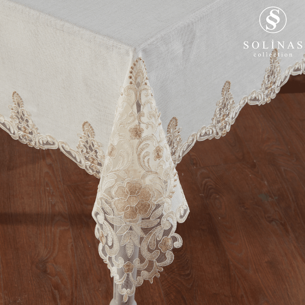 Solinas Collection Roma Krem Linen Kumaş Vizon Nakışlı Masa Örtüsü