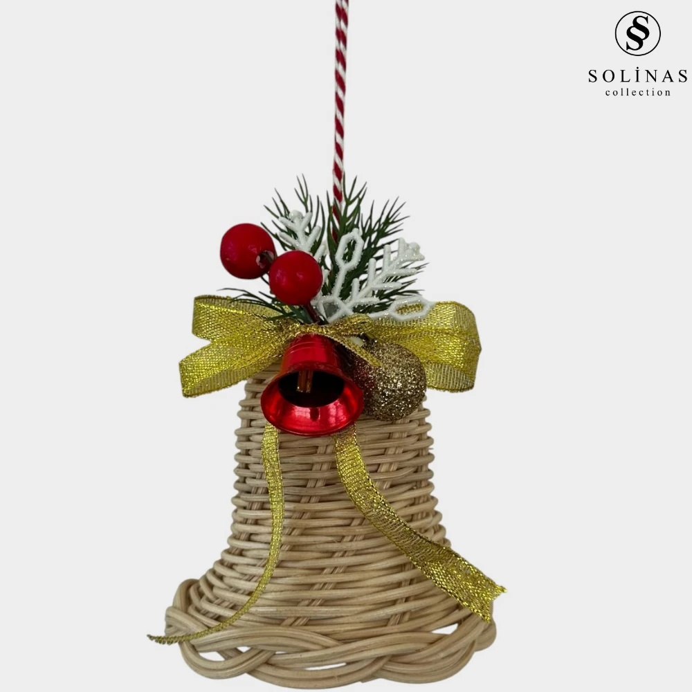 Solinas Collection El Yapımı Rattan Kırmızı Çan Dekor Gold Kurdeleli Yeni Yıl Kapı Süsü – Hediyelik
