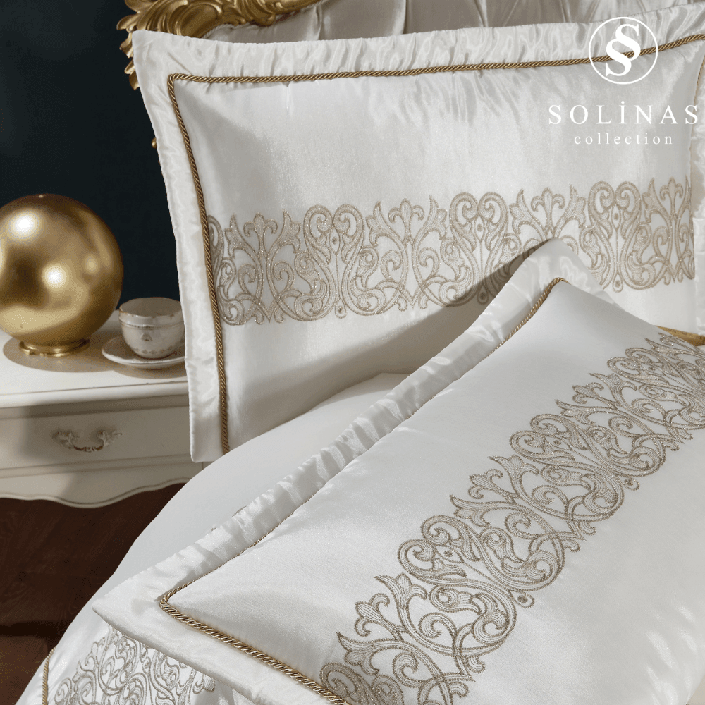 Solinas Collection Eleganza Saten Nakışlı Krem - Vizon Çift Kişilik Çeyizlik Yatak Örtüsü