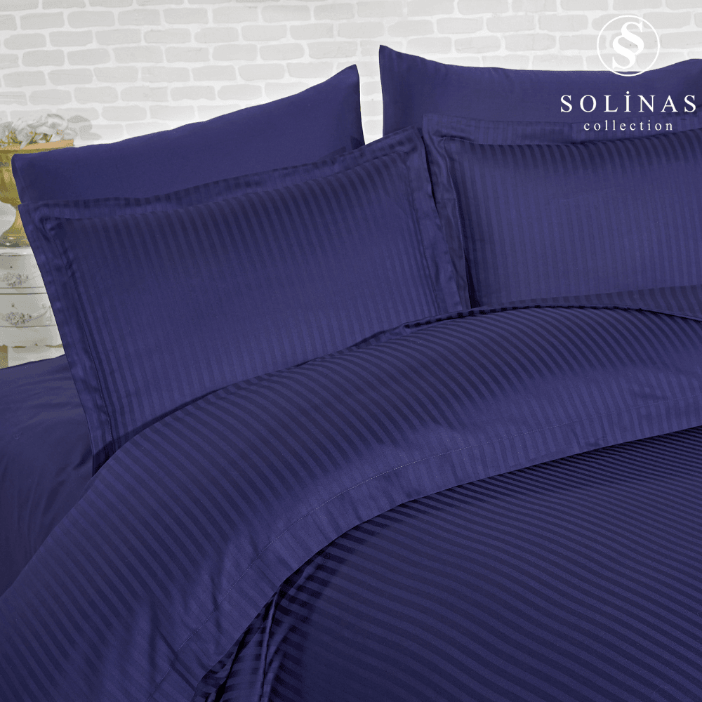 Solinas Collection Noctra Çizgili Lacivert %100 Pamuk Saten Çift Kişilik Nevresim Takımı