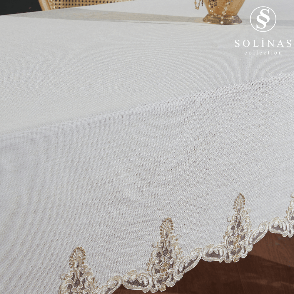 Solinas Collection Roma Krem Linen Kumaş Vizon Nakışlı Masa Örtüsü