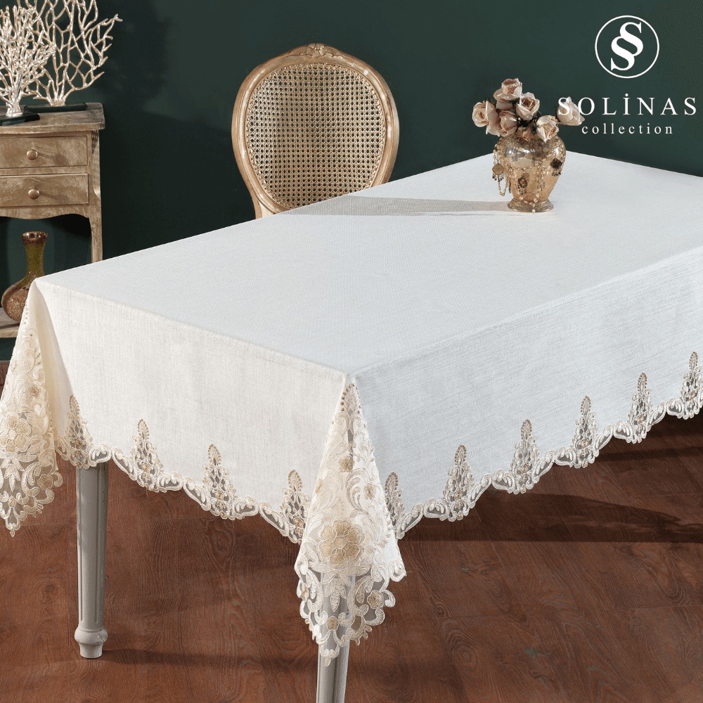 Solinas Collection Roma Krem Linen Kumaş Vizon Nakışlı Masa Örtüsü