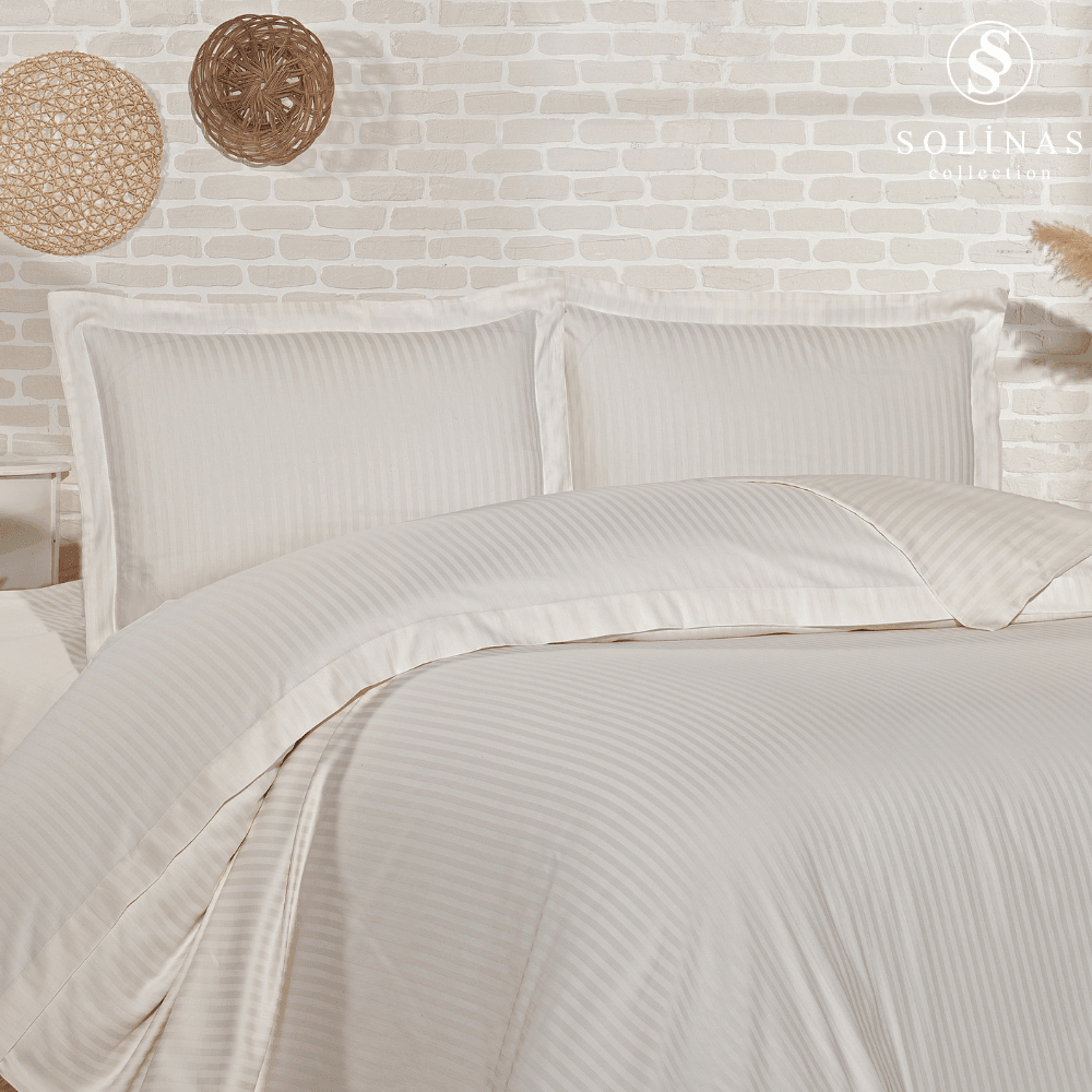 Solinas Collection Natura Çizgili Krem %100 Pamuk Saten Çift Kişilik Nevresim Takımı