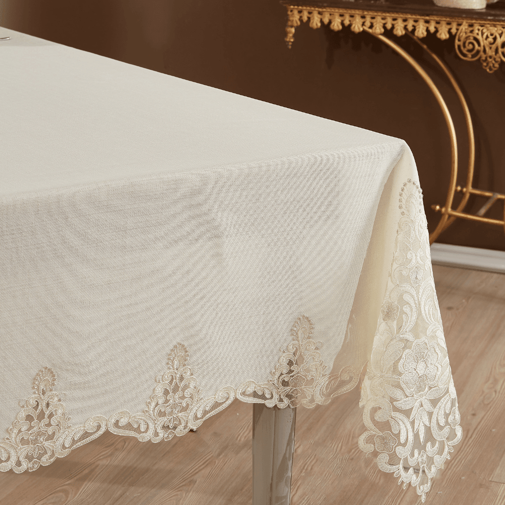 Solinas Collection Roma Linen Kumaş Krem – Taş Nakışlı Masa Örtüsü