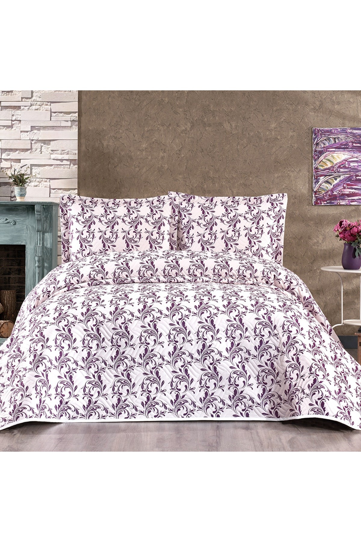 Ivy Purple Digital Printed Double Bedspread