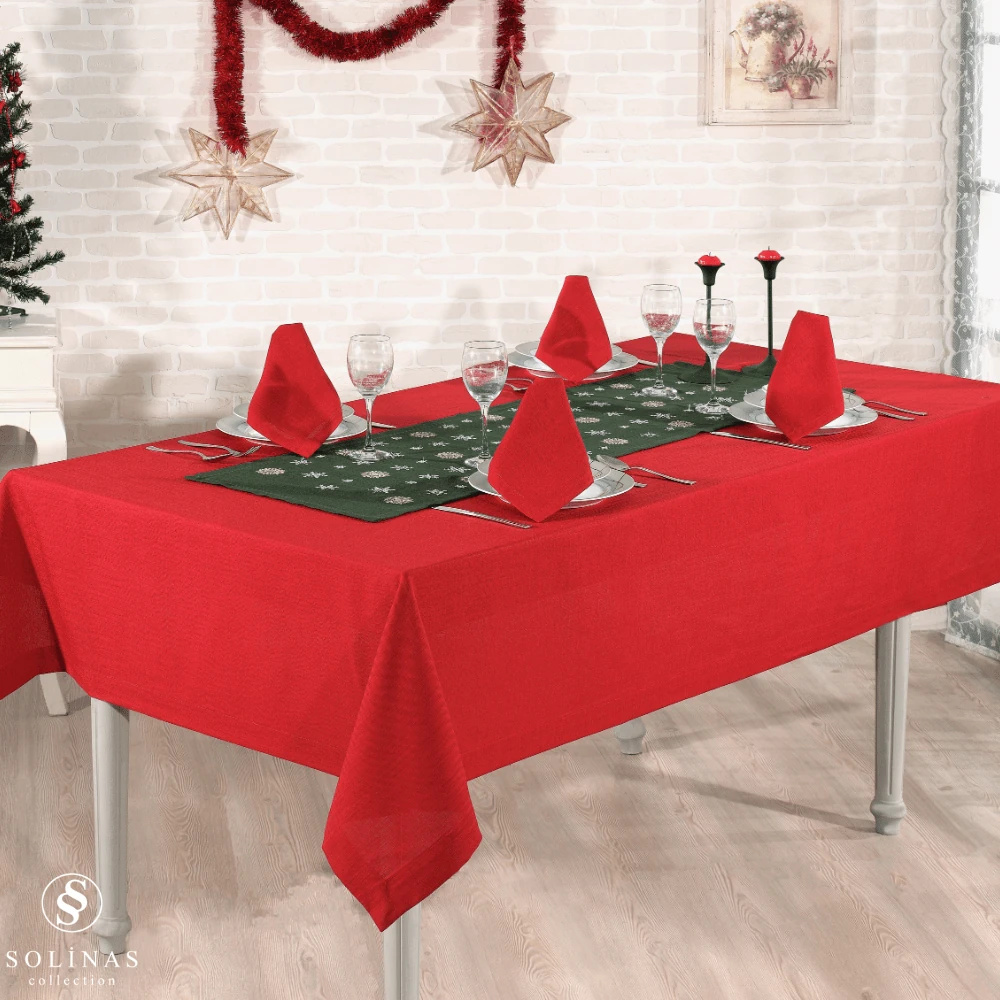 Solinas Collection Mila Gardenya Kumaş 14 Parça Kırmızı Masa Örtüsü Nakışlı Runner ve Kırmızı Peçete