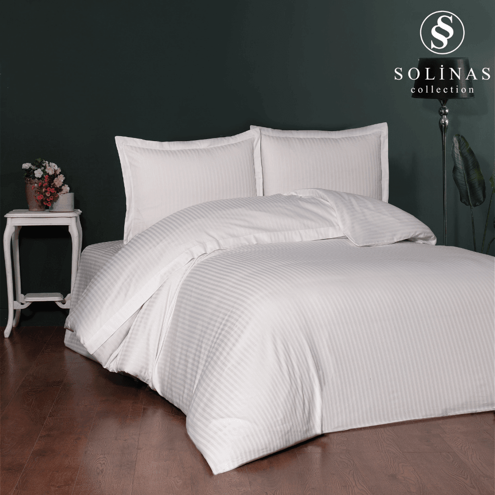 Solinas Collection Lunaria Çizgili Beyaz %100 Pamuk Saten Çift Kişilik Nevresim Takımı