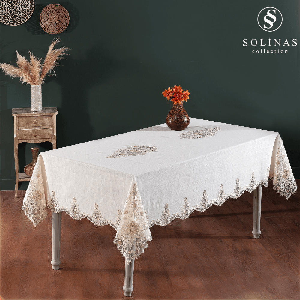 Solinas Collection Venora Krem Linen Kumaş Vizon Nakışlı Masa Örtüsü