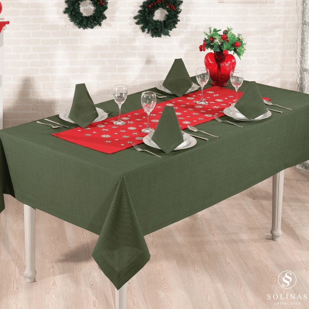 Solinas Collection Mila Gardenya Kumaş 14 Parça Yeşil Masa Örtüsü Nakışlı Runner ve Kırmızı Peçete