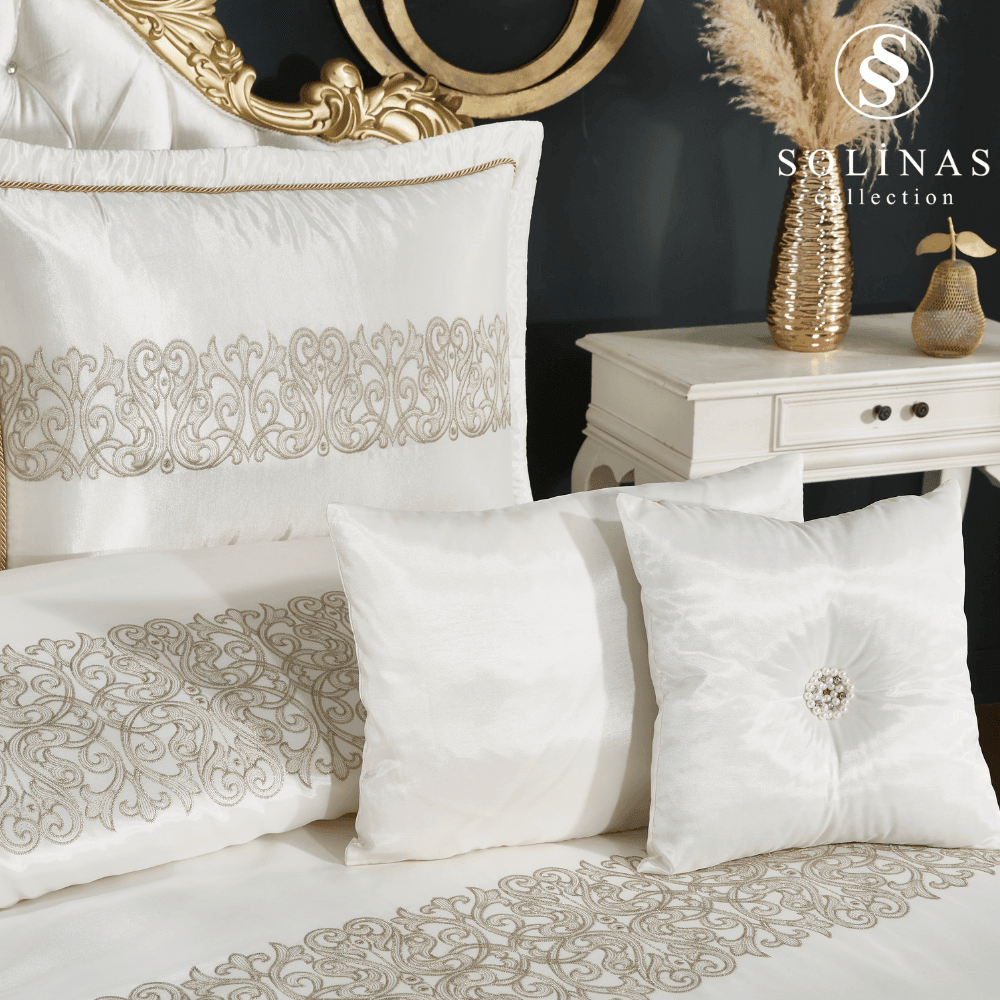 Solinas Collection Eleganza Saten Nakışlı Krem - Vizon Çift Kişilik Çeyizlik Yatak Örtüsü