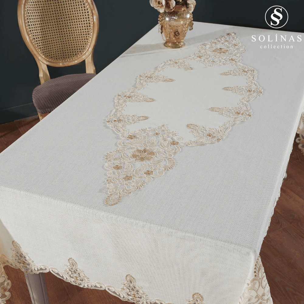 Solinas Collection Roma Krem Linen Kumaş Vizon Nakışlı Masa Örtüsü Ve Runner