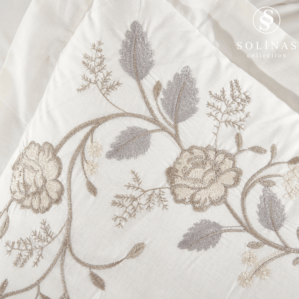 Solinas Collection Arya Krem Kumaş Vizon-Gri Nakışlı %100 Pamuk Çift Kişilik Nevresim Takımı