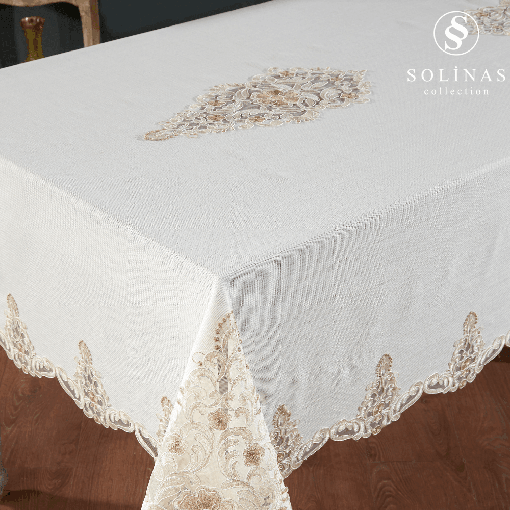 Solinas Collection Venora Krem Linen Kumaş Vizon Nakışlı Masa Örtüsü